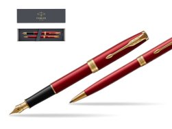 Parker Sonnet Intense Red Lacquer GT Fountain Pen + Ballpoint Pen in a Gift Box