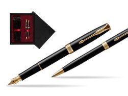 Parker Sonnet Black Lacquer GT Fountain Pen + Ballpoint Pen in a Gift Box  double wooden box Black Double Maroon