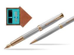 "Parker Sonnet Fougère GT Fountain Pen + Ballpoint Pen in a Gift Box
"  double wooden box Mahogany Double Turquoise