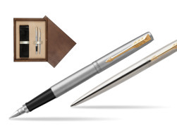 Parker Jotter Stainless Steel Chrome Color Trim  GT Fountain Pen + Ballpoint Pen in a Gift Box  double wooden box Wenge Double Ecru