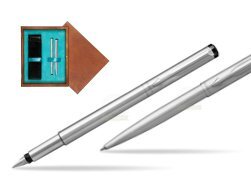 Parker Vector Stainless Steel CT Fountain Pen + Parker Vector Stainless Steel CT Ballpoint Pen  double wooden box Mahogany Double Turquoise