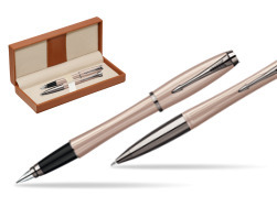 Parker Urban Premium Metallic Pink Lacquer Fountain Pen + Parker Urban Premium Metallic Pink Lacquer Ballpoint Pen in a Gift Box  in classic box brown