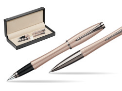 Parker Urban Premium Metallic Pink Lacquer Fountain Pen + Parker Urban Premium Metallic Pink Lacquer Ballpoint Pen in a Gift Box  in classic box  black
