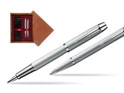 Parker IM Silver CT Fountain Pen + Parker IM Silver CT Ballpoint Pen in a Gift Box  double wooden box Mahogany Double Maroon