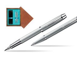 Parker IM Silver CT Fountain Pen + Parker IM Silver CT Ballpoint Pen in a Gift Box  double wooden box Mahogany Double Turquoise