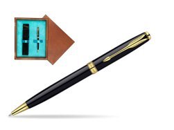 Parker Sonnet Deep Black Lacquer GT Ballpoint Pen  single wooden box  Mahogany Single Turquoise 