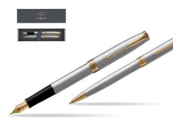 Parker Sonnet Stainless Steel GT Fountain Pen + Ballpoint Pen in a Gift Box