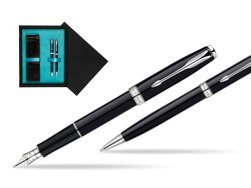 Parker Sonnet Deep Black Lacquer CT Fountain Pen + Parker Sonnet Deep Black Lacquer CT Ballpoint Pen in a Gift Box  double wooden box Black Double Turquoise