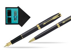 Parker Sonnet Matte Black Lacquer GT Fountain Pen + Parker Sonnet Matte Black Lacquer GT Ballpoint Pen in a Gift Box  double wooden box Black Double Turquoise