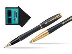 Parker Urban Classic Muted Black Lacquer GT Fountain Pen + Parker Urban Classic Muted Black Lacquer GT Ballpoint Pen in a Gift Box  double wooden box Black Double Turquoise