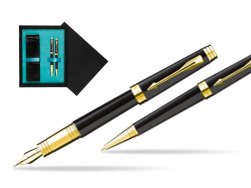 Parker Premier Black Lacquer GT Fountain Pen + Parker Premier Black Lacquer GT Ballpoint Pen in a Gift Box  double wooden box Black Double Turquoise