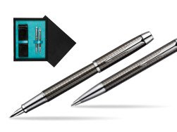 Parker IM Premium Deep Gun Metal Chiselled CT Fountain Pen + Parker IM Premium Deep Gun Metal Chiselled CT Ballpoint Pen in a Gift Box  double wooden box Black Double Turquoise